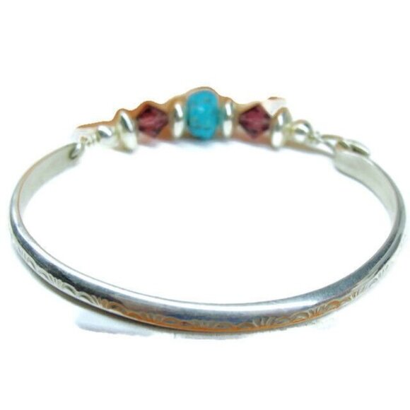 Vintage Bracelet Sterling Silver 925 Turquoise Purple Bead Latching Bangle - Picture 5 of 12